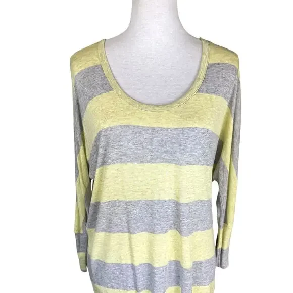SOFT Joie Gray Yellow Stripe Y2K 2000s Layering 3/4 Sleeve Cozy Top Shirt - Picture 2 of 12